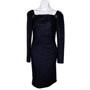 David Meister Black Textured Long-Sleeve Ruched Dress W/ Beaded Shoulders Size 8